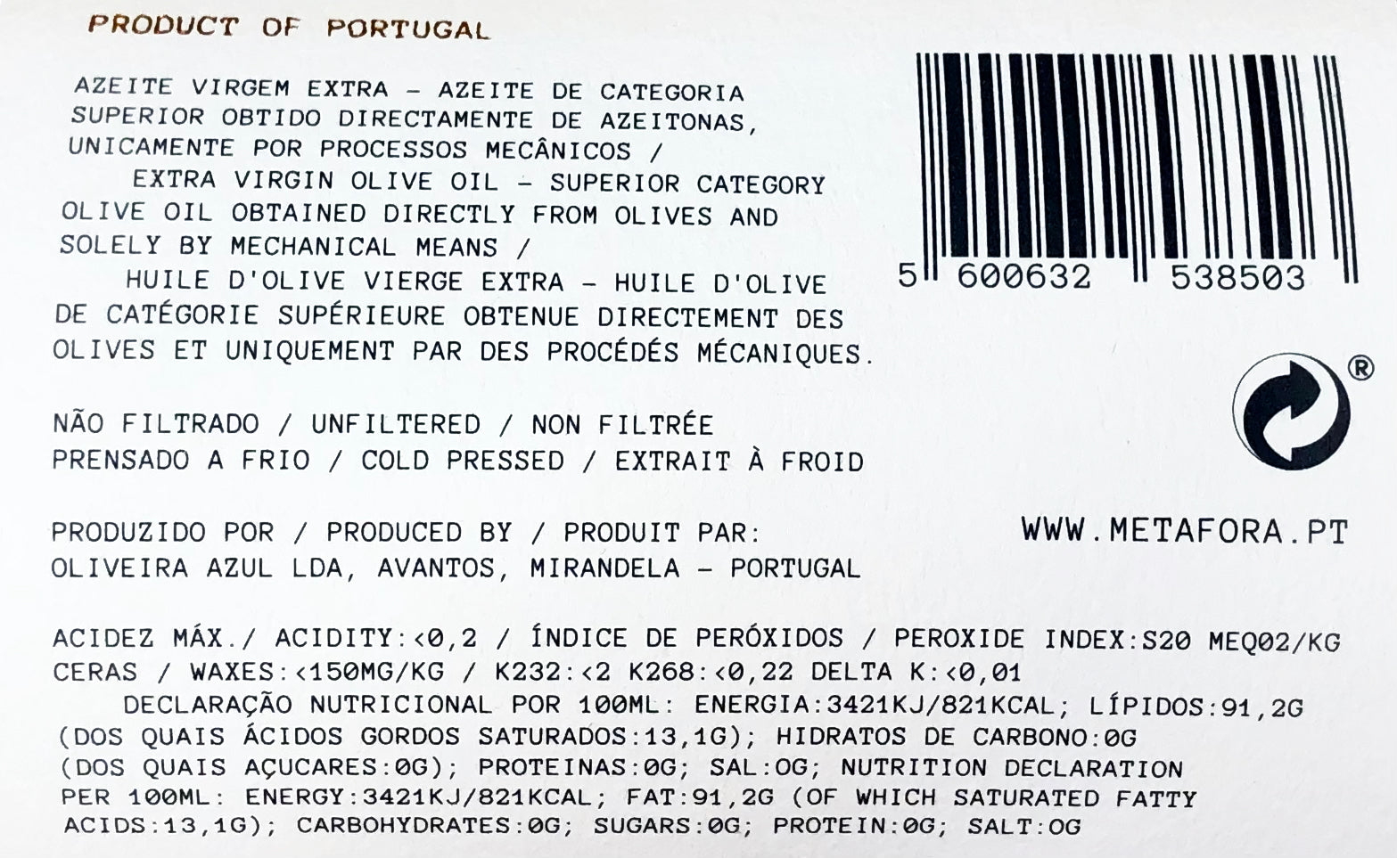 Azeite Virgem Extra Metáfora