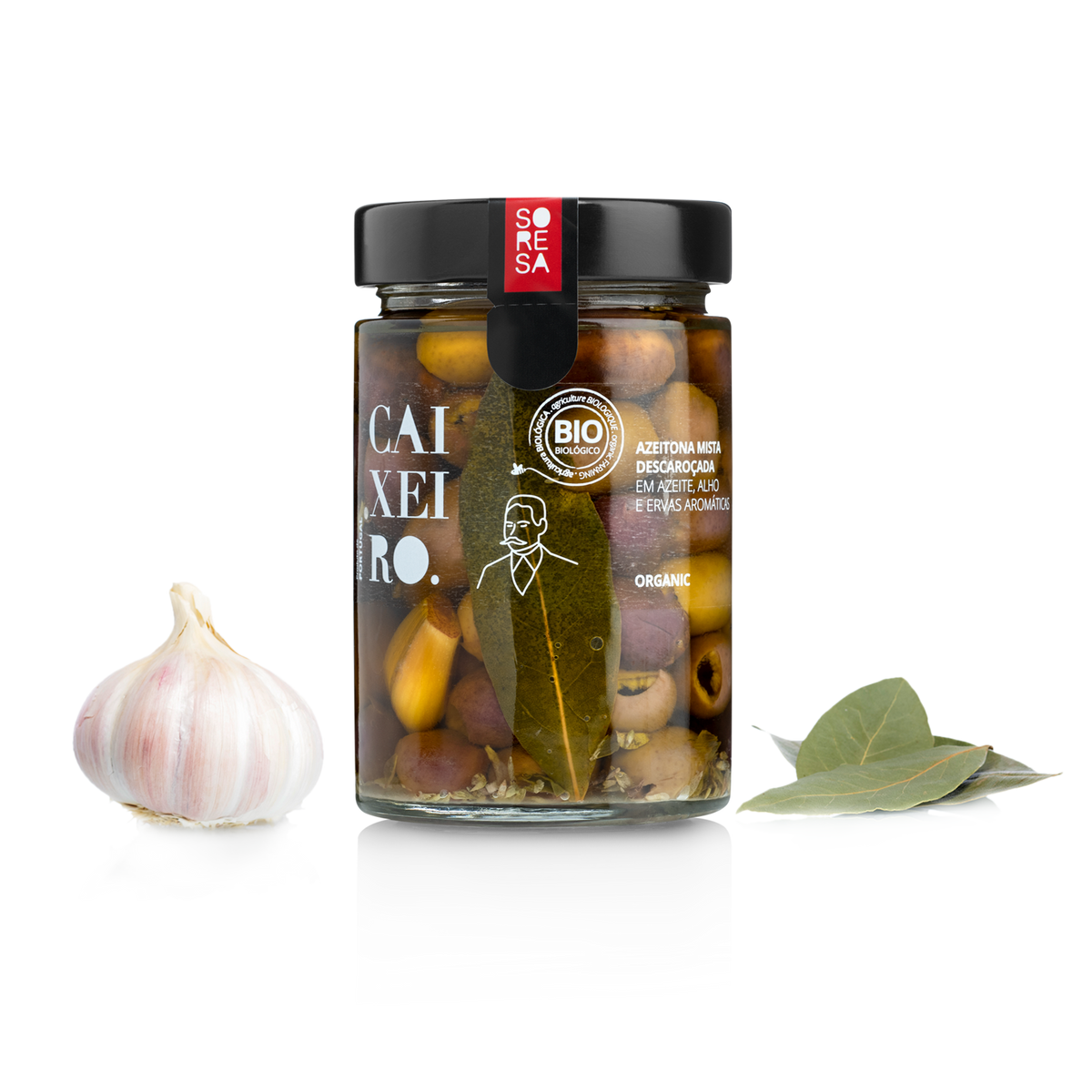 Azeitona Biológica em Azeite com Alho e Aromáticas Caixeiro