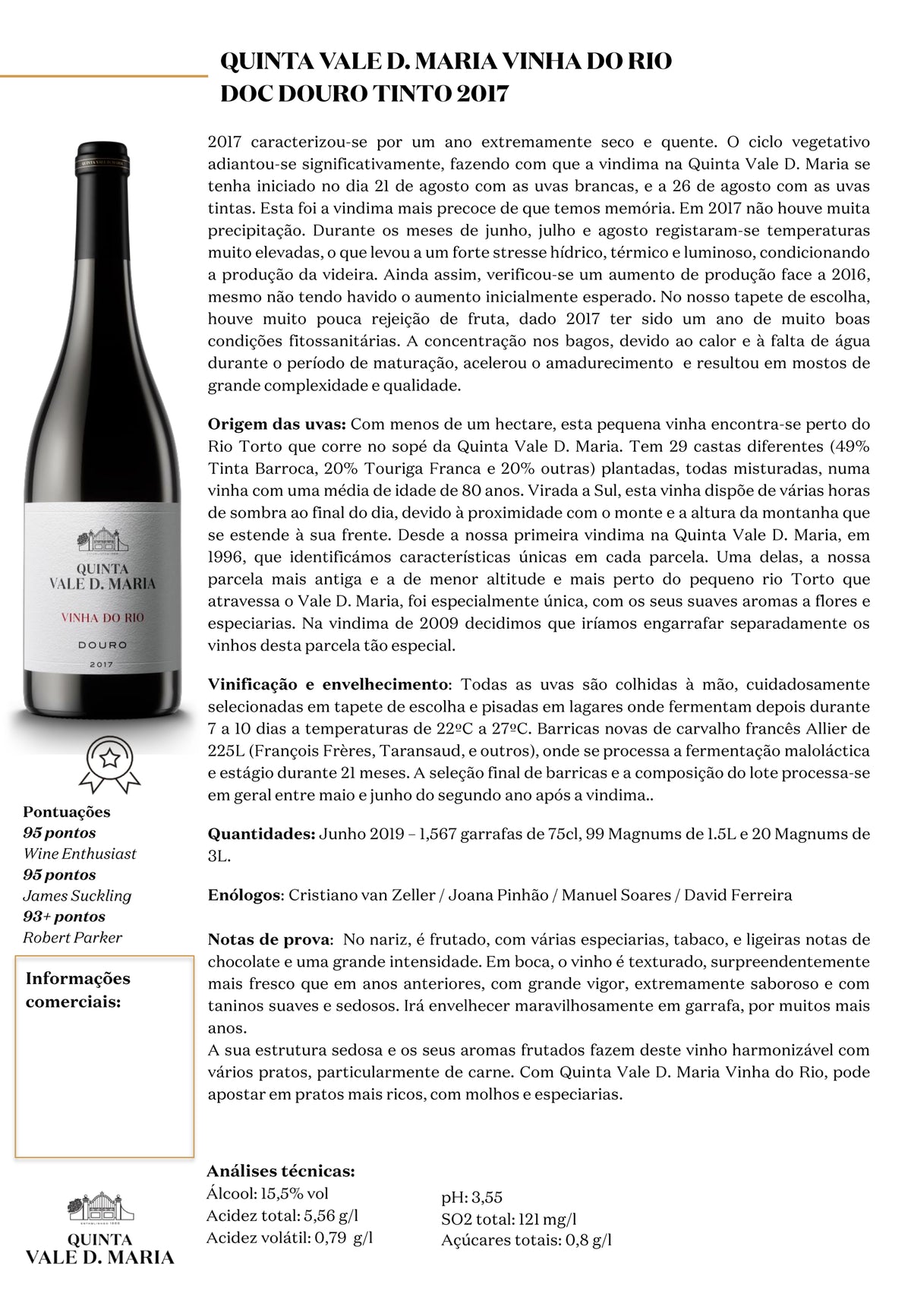 Vinho Tinto Douro DOC Vinha do Rio. Quinta Vale D. Maria