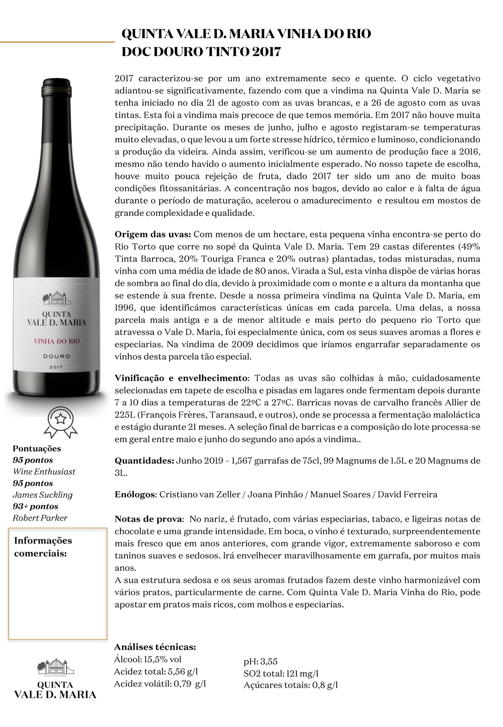 Vinho Tinto Douro DOC Vinha do Rio. Quinta Vale D. Maria