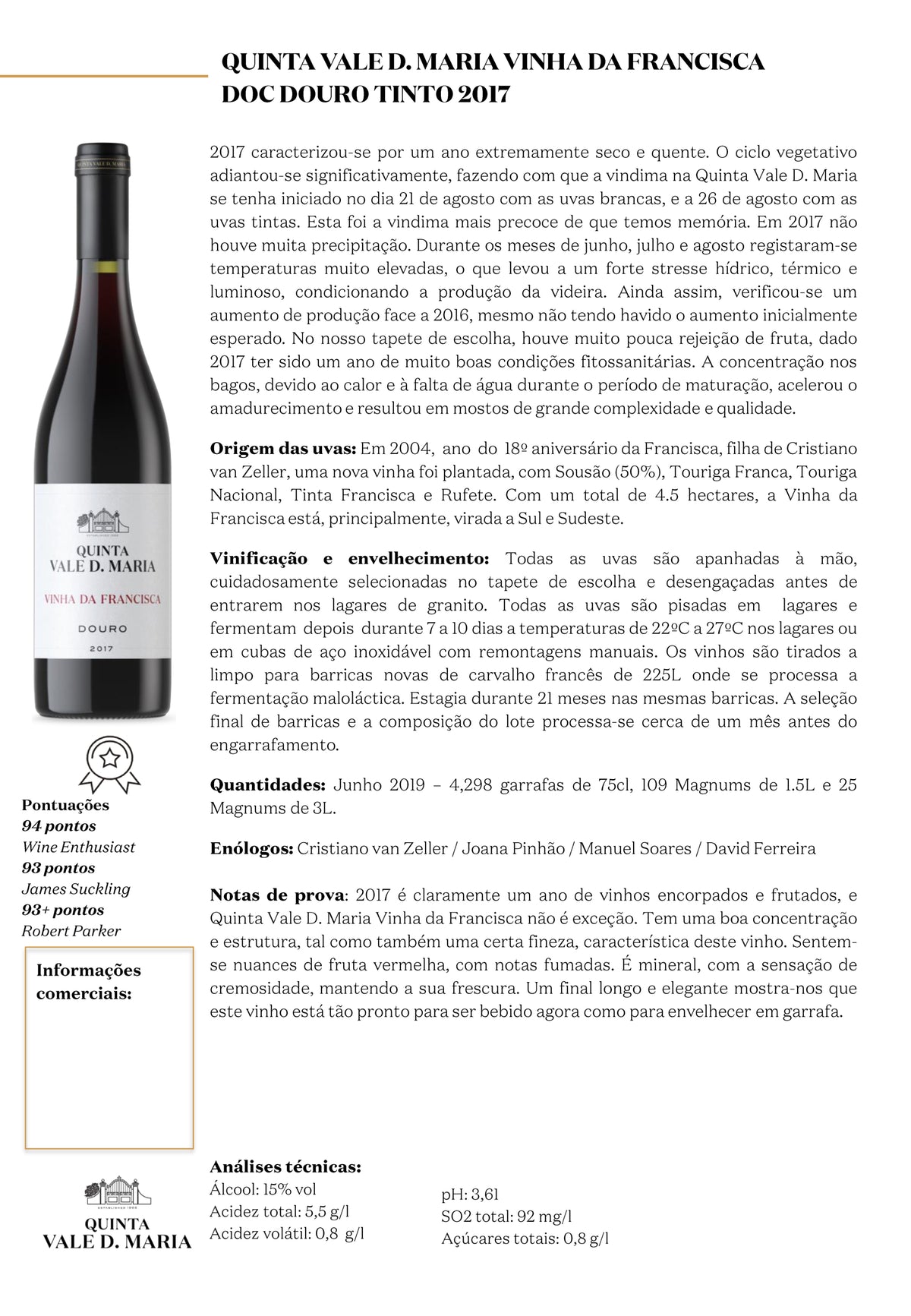 Vinho Tinto Douro DOC Vinha da Francisca. Quinta Vale D. Maria