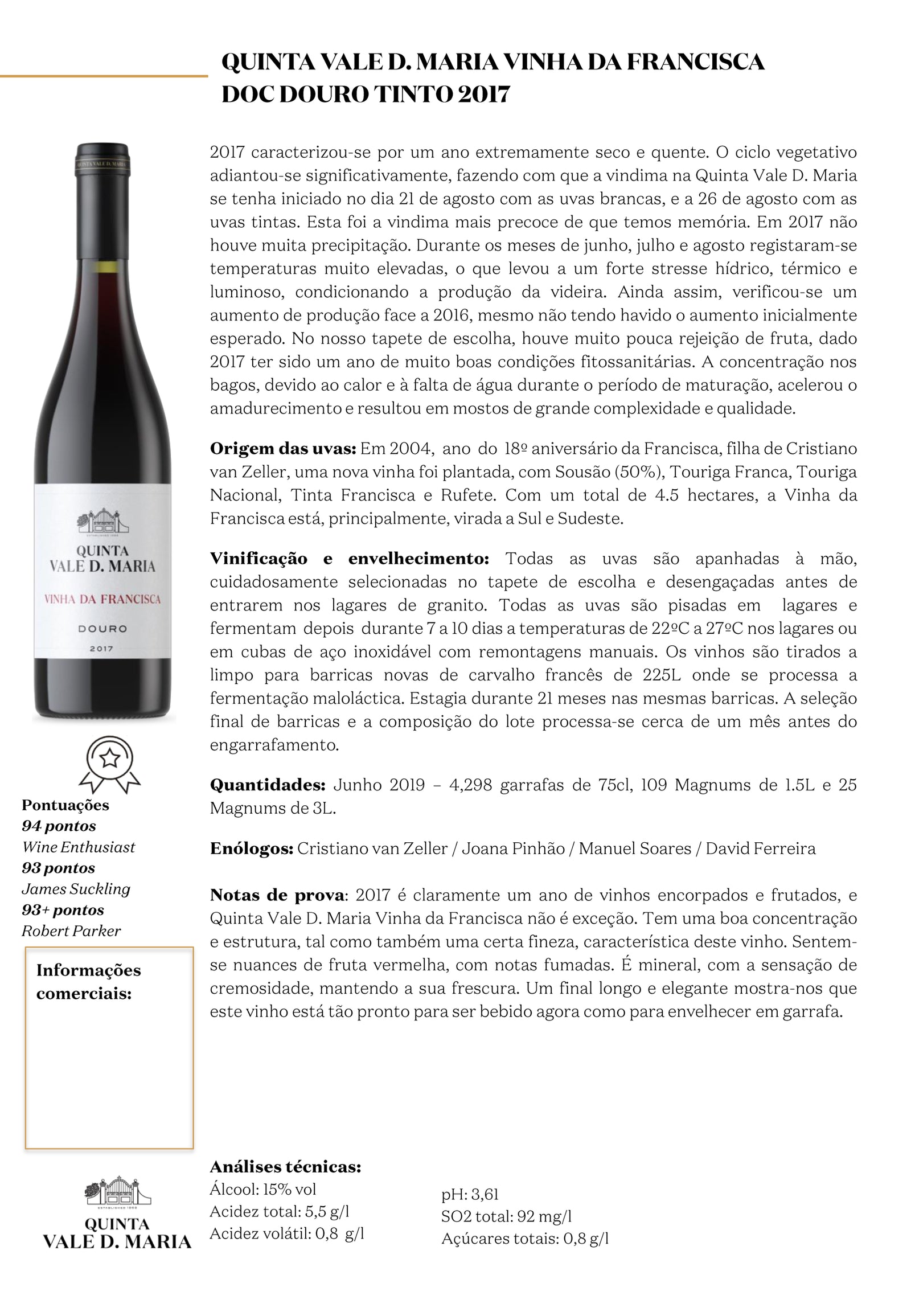 Vinho Tinto Douro DOC Vinha da Francisca. Quinta Vale D. Maria