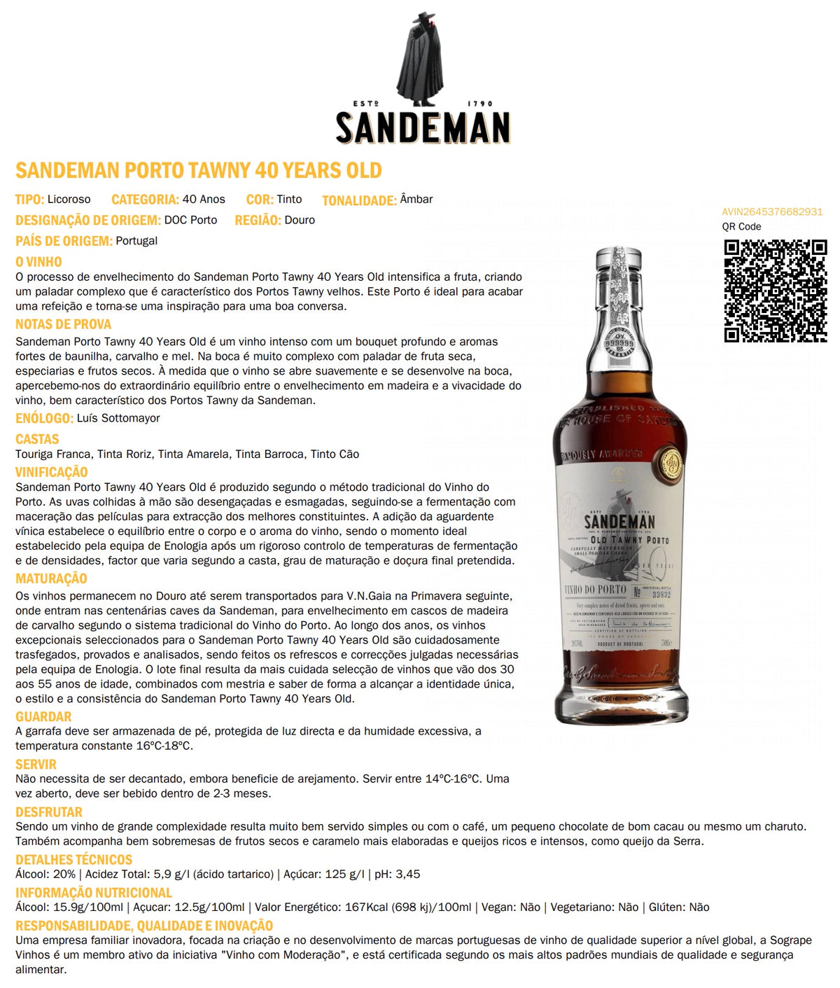 Vinho do Porto Tawny 40 Anos . Sandeman