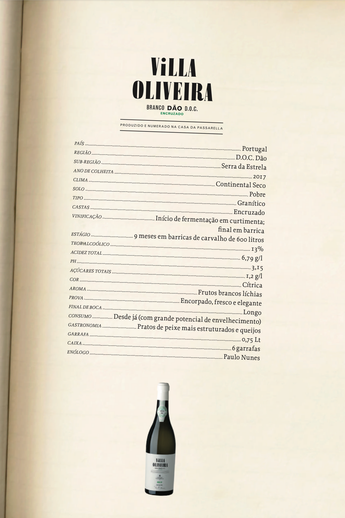 Vinho Branco DOC Villa Oliveira Encruzado . Casa da Passarella . Dão