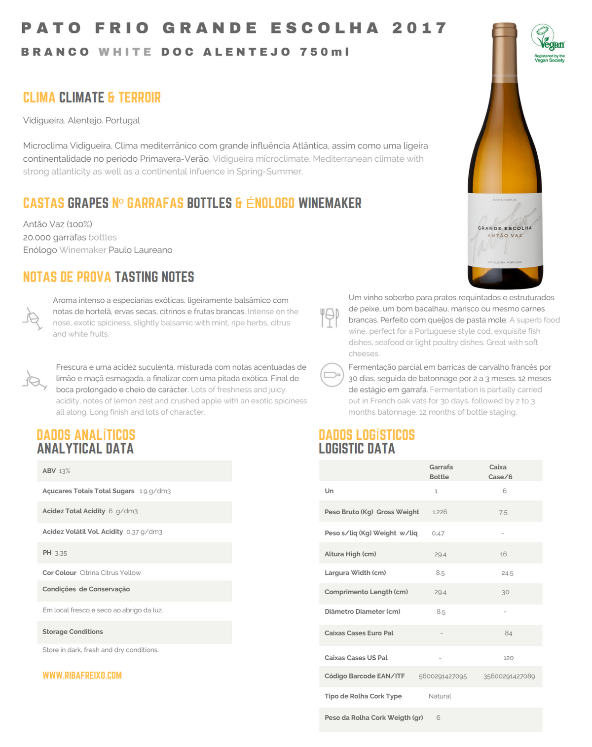 Vinho Branco Pato Frio . Grande Escolha . Ribafreixo . DOC Alentejo