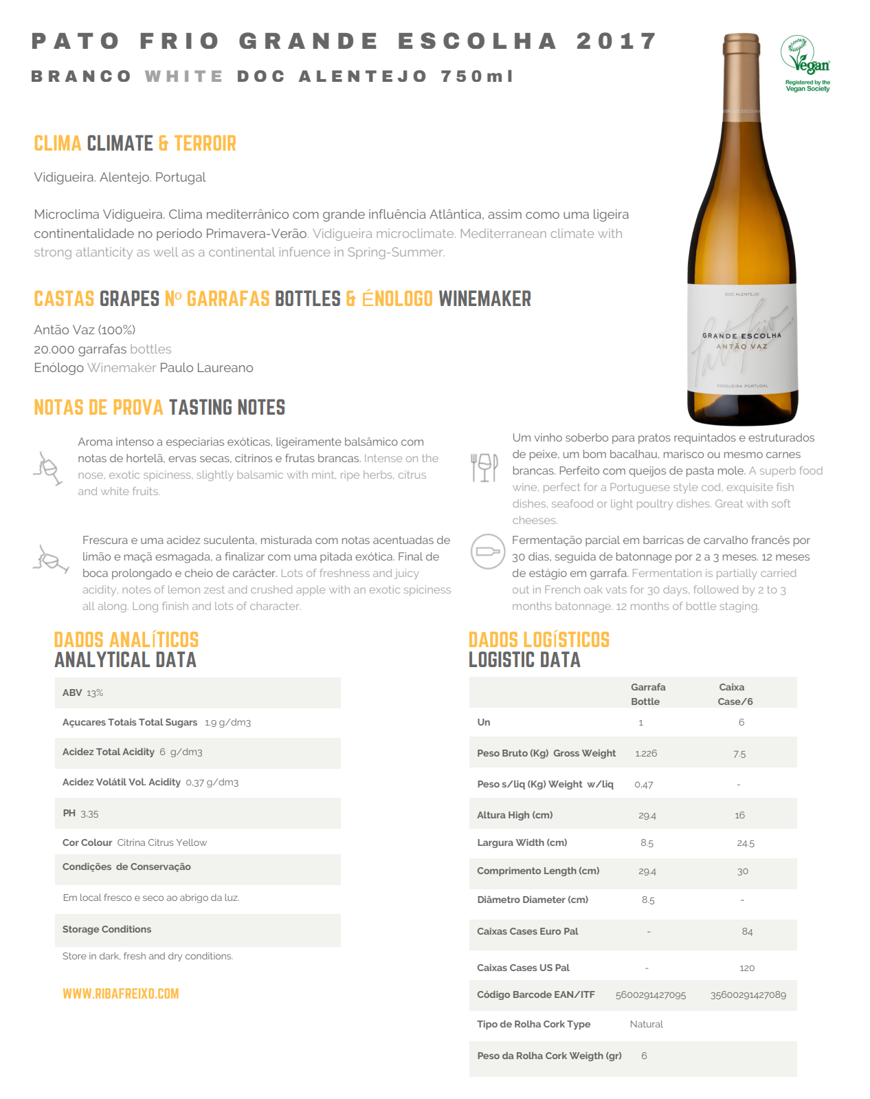 Vinho Branco Pato Frio . Grande Escolha . Ribafreixo . DOC Alentejo