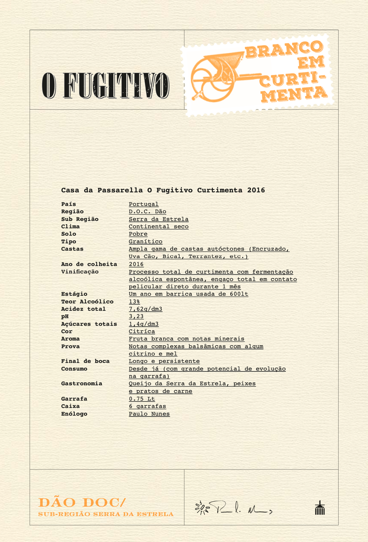 Vinho Branco em Curtimenta O Fugitivo - Casa da Passarella