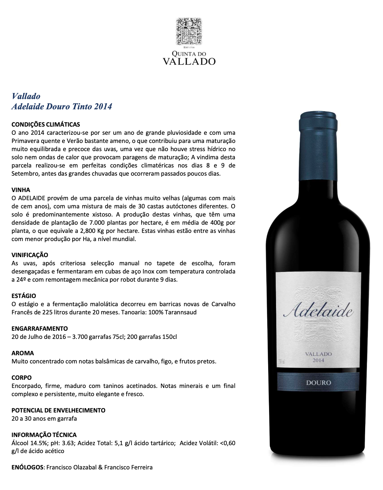 Vinho Tinto Adelaide 2014 Ficha Tecnica