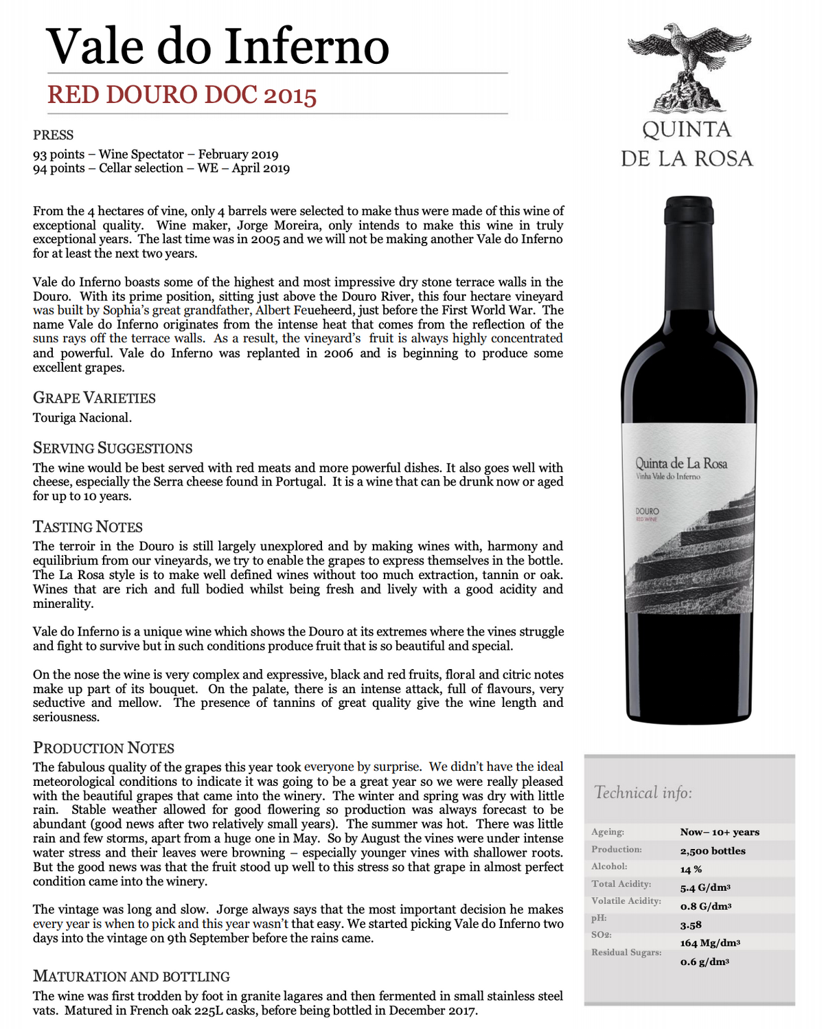 Vinho Tinto Vale do Inferno Quinta De La Rosa