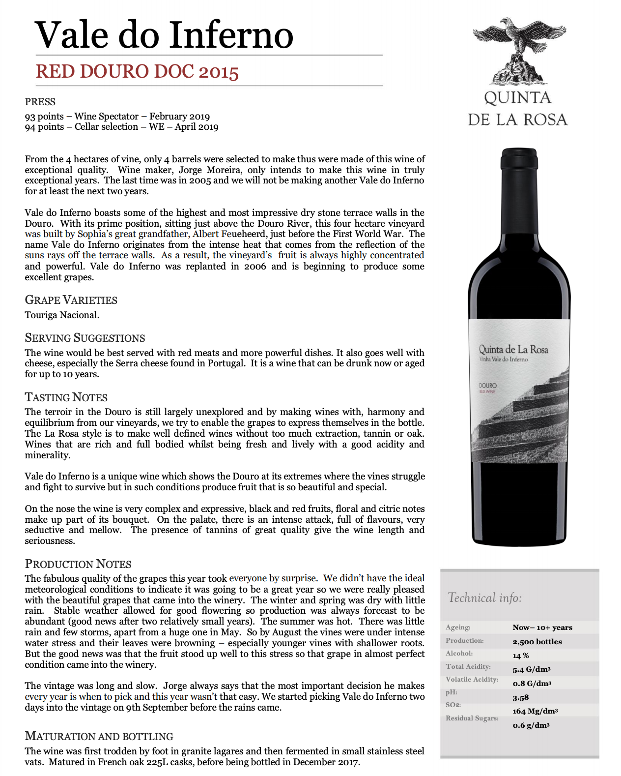 Vinho Tinto Vale do Inferno Quinta De La Rosa